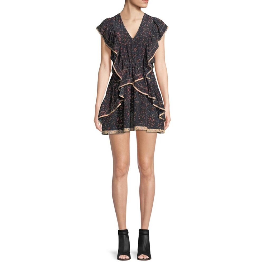 Iro Jicka V-Neck Printed Silk Dress with Ruffled Frills Size 38